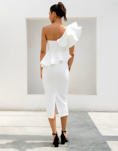 Keya White Peplum Bardot Top & Midi Skirt Dress Co Ord - Fashion Genie Boutique