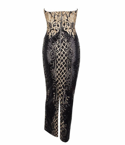 A Long Affair Black & Gold Sequin Strapless Maxi Dress - Fashion Genie Boutique