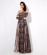 Princess Of Charm Black Bardot Glitter Double Split Maxi Dress - Fashion Genie Boutique