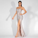 Sweet Vision Silver Strapless Sequin Spilt Maxi Gown Dress - Fashion Genie Boutique