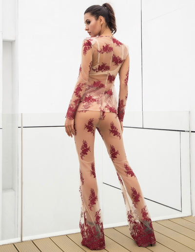 It Suits You Red Mesh Lace Long Sleeve Top & Trousers Co-Ord - Fashion Genie Boutique