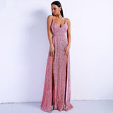 Dazzling Dime Pink Sequin Double Split Maxi Party Gown Dress - Fashion Genie Boutique