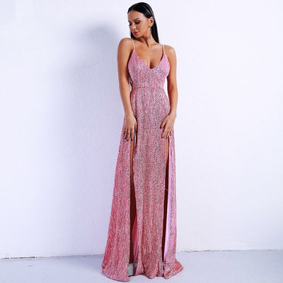 Dazzling Dime Pink Sequin Double Split Maxi Party Gown Dress - Fashion Genie Boutique