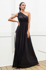 Dream Day Black Lace Asymmetric Satin Maxi Dress - Fashion Genie Boutique