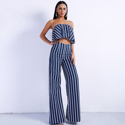 Stripe Delight Navy Two Piece Trousers & Crop Top Co-Ord - Fashion Genie Boutique