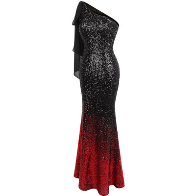 Oh My Posh Black & Red Sequin Gradient One Shoulder Maxi Gown Dress - Fashion Genie Boutique