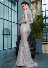 Moroccan Mama Silver Long Sleeve Glitter Fishtail Maxi Dress - Fashion Genie Boutique