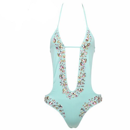 Petunia Mint Green Crystal Embellished Monokini Swimsuit - Fashion Genie Boutique