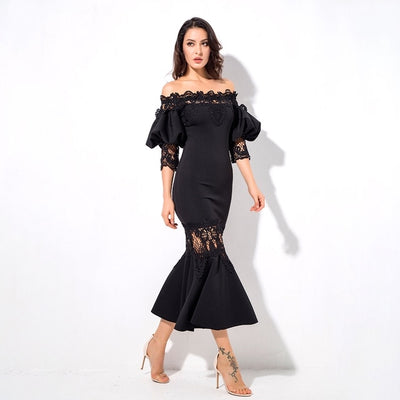 Mamacita Black Bardot Lace Panel Midi Dress - Fashion Genie Boutique