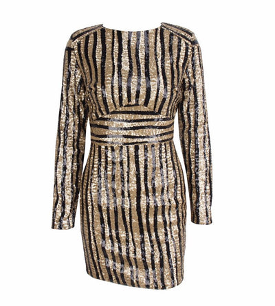 Glitter And Gold Sequin Stripe Long Sleeve Mini Dress - Fashion Genie Boutique