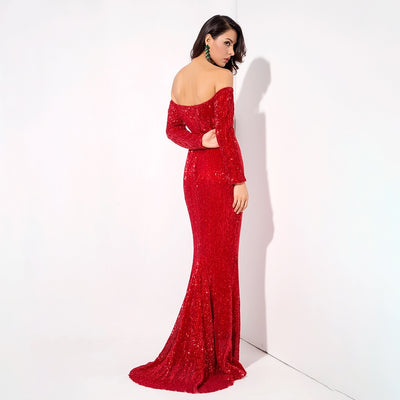 Dressed To Thrill Red Sequin Bardot Maxi Dress - Fashion Genie Boutique