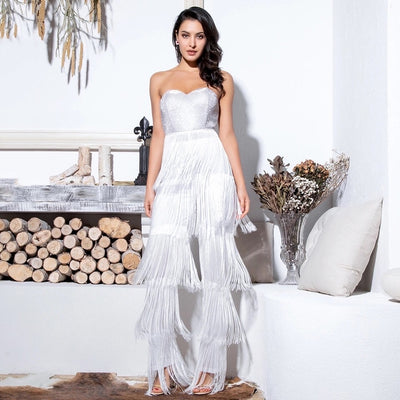 Queen of Sheen White Strapless Fringe Jumpsuit - Fashion Genie Boutique