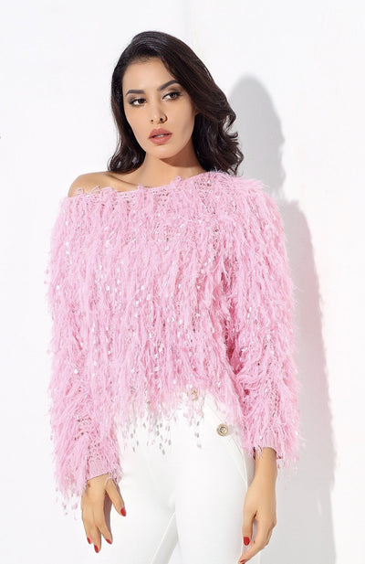 Heart Throb Pink Fluffy Fringe Jumper - Fashion Genie Boutique