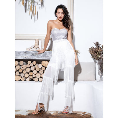 Queen of Sheen White Strapless Fringe Jumpsuit - Fashion Genie Boutique