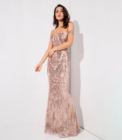 Sweetheart Rose Gold Bardot Sequin Maxi Fishtail Dress - Fashion Genie Boutique