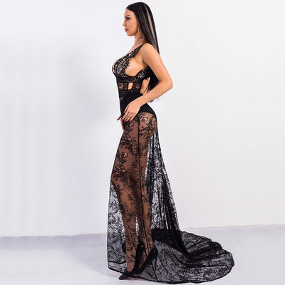 Embrace The Lace Black Plunge Maxi Dress - Fashion Genie Boutique