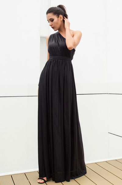 Dream Day Black Lace Asymmetric Satin Maxi Dress - Fashion Genie Boutique