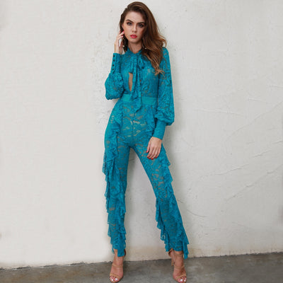 Layered in Lace Blue Lace Ruffle Jumpsuit - Fashion Genie Boutique
