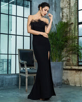 Prague Black Feather Strapless High Split Maxi Dress - Fashion Genie Boutique