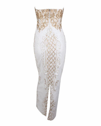 A Long Affair White & Gold Sequin Strapless Maxi Dress - Fashion Genie Boutique
