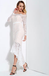 Vibe Seeker White Lace Bardot Midi Dress - Fashion Genie Boutique