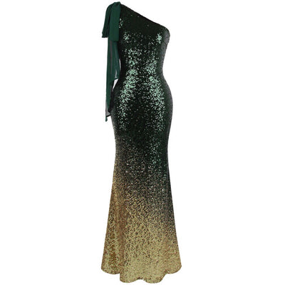 Oh My Posh Green & Gold Sequin Gradient One Shoulder Maxi Gown Dress - Fashion Genie Boutique