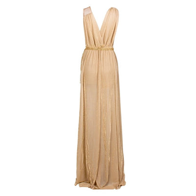 Grecian Goddess Nude Belted Maxi Split Dress - Fashion Genie Boutique