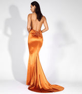 Glowing Goddess Orange Satin Fishtail Maxi Dress - Fashion Genie Boutique
