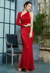 Luxury Night Red Sequin One Shoulder Maxi Gown Dress - Fashion Genie Boutique