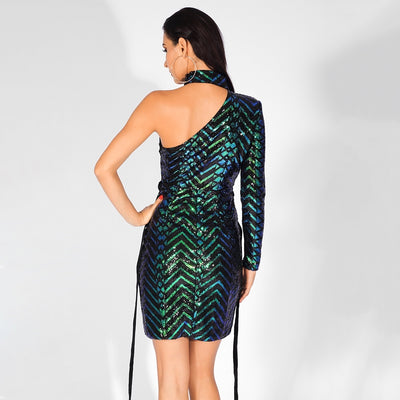 Make The Cut Green Iridescent Sequin One Shoulder Mini Dress - Fashion Genie Boutique