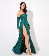 Princess Of Charm Green Bardot Glitter Double Split Maxi Dress - Fashion Genie Boutique