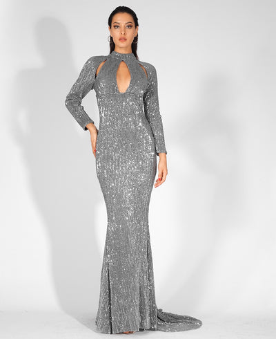 Cut It Out Silver Keyhole Sequin Long Sleeve Maxi Fishtail Dress - Fashion Genie Boutique