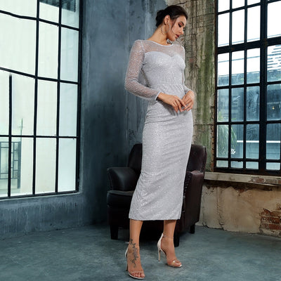 Deep Into You Rose Gold Long Sleeve Glitter Embellished Midi Dress - Fashion Genie Boutique