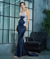 Sweet Lace Navy Satin Lace Maxi Fishtail Dress - Fashion Genie Boutique