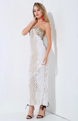 A Long Affair White & Gold Sequin Strapless Maxi Dress - Fashion Genie Boutique
