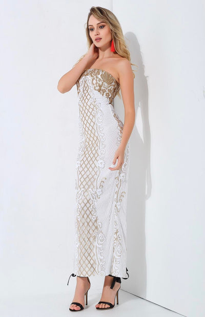 A Long Affair White & Gold Sequin Strapless Maxi Dress - Fashion Genie Boutique