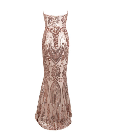 Sweet Vision Rose Gold Strapless Sequin Spilt Maxi Gown Dress - Fashion Genie Boutique