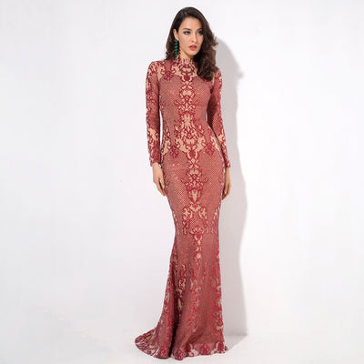 Moroccan Mama Red Long Sleeve Glitter Fishtail Maxi Dress - Fashion Genie Boutique