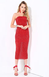 Glam Doll Red Strapless Sequin Midi Dress - Fashion Genie Boutique