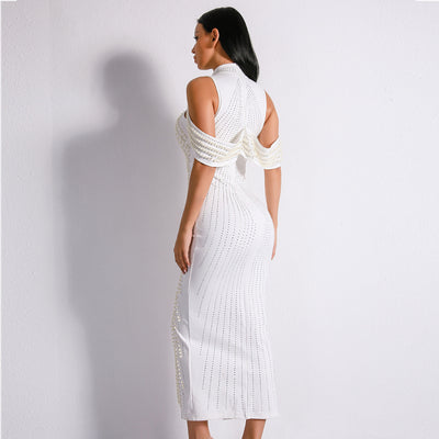 High Society White Stud Embellished Slinky Maxi Dress - Fashion Genie Boutique