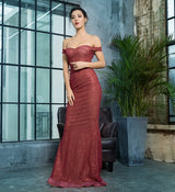 Little Treasure Burgundy Bardot Glitter Fishtail Maxi Gown Dress - Fashion Genie Boutique
