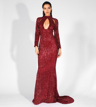 Cut It Out Burgundy Keyhole Sequin Long Sleeve Maxi Fishtail Dress - Fashion Genie Boutique
