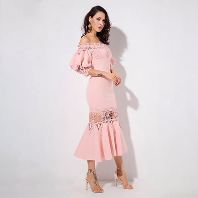 Mamacita Pink Bardot Lace Panel Midi Dress - Fashion Genie Boutique