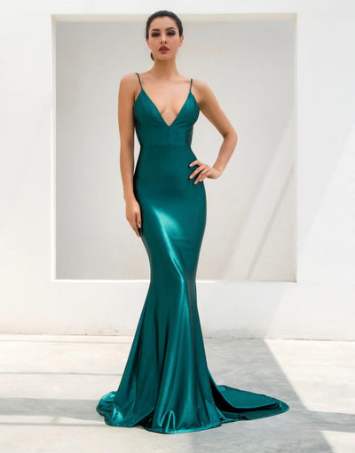 In Your Dreams Green Maxi Satin Gown Dress - Fashion Genie Boutique