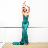 Ecstasy Green Plunge Sequin Maxi Fishtail Gown Dress - Fashion Genie Boutique