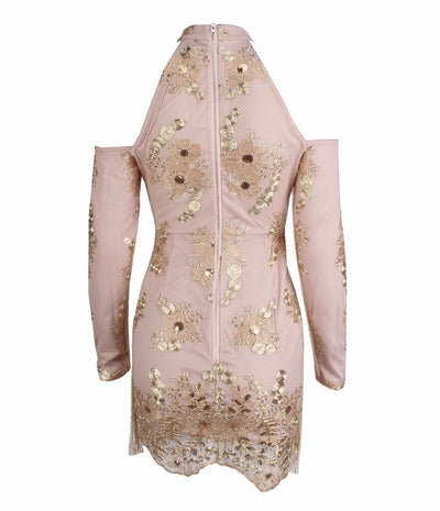 Modern Renaissance Gold Cold Shoulder Long Sleeve Fringe Mini Dress - Fashion Genie Boutique