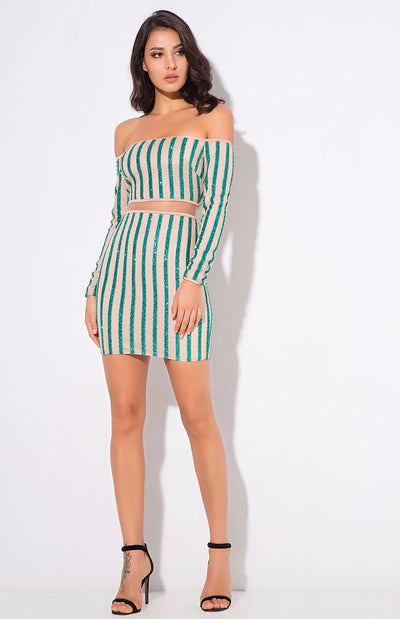 Walk the Line Green Bardot Glitter Mini Dress - Fashion Genie Boutique
