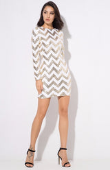 Life Of The Party Gold And White Sequin Long Sleeve Mini Dress - Fashion Genie Boutique