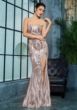 Sweet Vision Rose Gold Strapless Sequin Spilt Maxi Gown Dress - Fashion Genie Boutique
