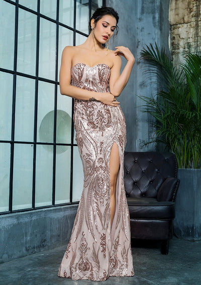 Sweet Vision Rose Gold Strapless Sequin Spilt Maxi Gown Dress - Fashion Genie Boutique